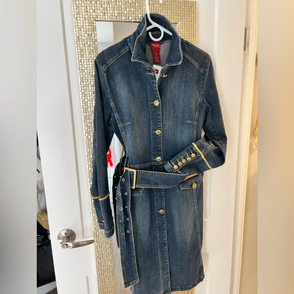 OLSEN EUROPE BLUE AND GOLD DENIM TRENCH COAT… SIZE 38… NEW WITH TAGS. - Picture 2 of 16